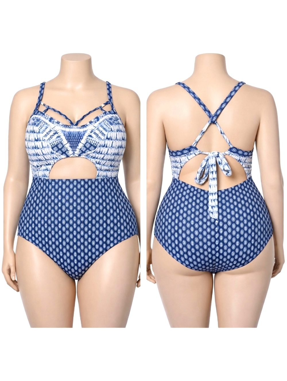 Jessica Simpson Women's Blue/White Shibori Batik Tie Dye Print Cutout Swimsuit